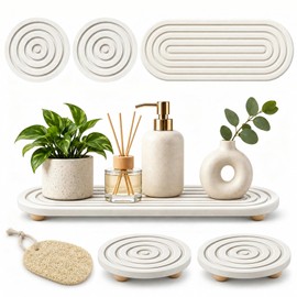 3PCS Water Absorbing Stone Tray, Instant Dry Sink Tray with Wooden Feet, Diatomite Stone Sink Tray for Kitchen Counter, Stone Drying Tray for Soap Dispenser & Sponge, Bathroom Counter Organizer