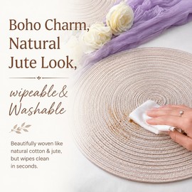 CAMPHOME Boho Beige Woven Placemats for 8,Washable Non-Slip TableMats Set of 8, Round Braided Placemats for Outdoor Patio & Farmhouse Boho Decor 15 Inch(Beige,8)