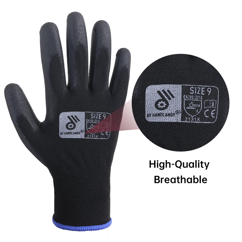HANDLANDY 6 Pairs PU Coated Nylon Black Protective Work Gloves,
