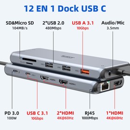 Docking Station 3 HDMI USB C Docking Station 3 Monitors Hub USB C Dock Triple HDMI Adapter with 10Gbps USB A/C 3.1 100W PD Ethernet SD/TF Audio for Dell/HP