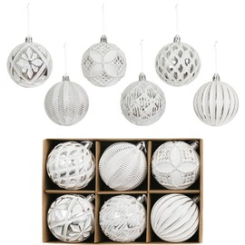 XmasExp Vintage Rustic Christmas Ball Ornaments Sets, 3.15" Plastic Farmhouse Distressed Tree Decorations Shatterproof Antique Traditional Style Xmas Hanging Ornaments (Silver White, 6Pcs)