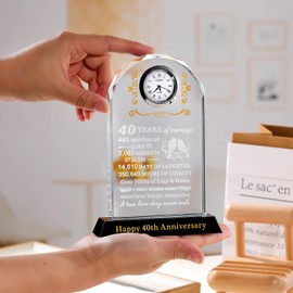 Ornalrist 40th Wedding Anniversary Glass Quartz Clock Gifts for Couple Parents, 40 Years Anniversay Presents for Her Wife Him Parents, Ruby Anniversary Laser Engraved Glass Plaque