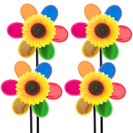 QUACOWW 4 Pieces Garden Pinwheel, Sequin Sunflower Wind Spinner, Plastic Rainbow Pinwheel, Rainbow Windmills Flower Pinwheel DIY Windmill for Garden Home Patio Lawn Yard Outdoor Decoration