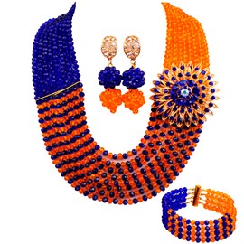 aczuv 8 Rows African Bead Necklace Jewelry Set for Women Nigerian Wedding Bridal Jewelry Sets (Royal Blue Orange)