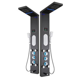ELLO&ALLO LED Shower Panel Tower System, Rainfall and Mist Head Rain Massage Stainless Steel Shower Fixtures with Adjustable Body Jets, Brushed Black