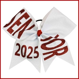 Senior Class of 2025 Glitter Cheer Hair Bow | Class of 2025 Graduation Gift | Graduation Cap Decoration (White and Red)
