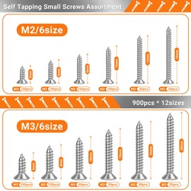 Xyxu Small Wood Screws Assortment, 900PCS M2, M3 Flat Head Self Tapping Screw Set - 5/6/8/10/12/16/20mm 12 Sizes Carbon Steel Countersunk Assorted Tiny Fastening Screws for Wood, with Plastic Box