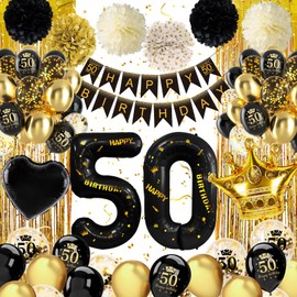 50th Birthday Decorations Black Gold, 50th Birthday Decorations for Men Women with 50th Birthday Balloons, Happy 50th Birthday Decorations, Foil Curtain for 50 Year Old Birthday Decorations Her Him