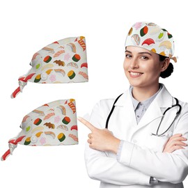 2 Pcs Japanese Cuisine Dishes Ponytail Scrub Cap for Women – Adjustable Nurse Hat with Buttons and Sweatband, Working Cap for Long Hair