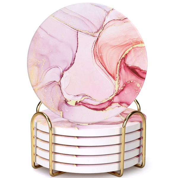 6 Pcs Pink Marble Abstract Ceramic Coasters with Holder Best