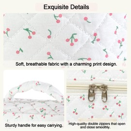 Givurao Large Travel Quilted Makeup Bag for Women, Floral Cotton Cosmetic Bag Cute Coquette Aesthetic Floral Toiletry Organizer Bag for Girls Little Cherry Cosmetic Zipper Storage Bag
