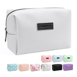 MAANGE Small Makeup Bag, Travel Cosmetic Bag Make Up Bag for Purse Makeup Pouch PU Leather Portable Versatile Zipper Pouch For Women (White)