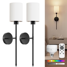 NIORSUN 24 inch Battery Operated Wall Sconce Set of 2, Black Wireless Rechargeable Wall Lights with 5200mAh Dimmable Detachable Bulbs and Remote, 9 Colors Sconces Wall Decor for Bedroom Living Room