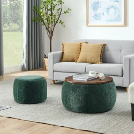Living Room Furniture Round Pouf Modern Fabric Multifunctional Living Room Chair Storage Footstool Ottoman Fabric Stoolcolor: Green, size: 25"x25"x14.7"