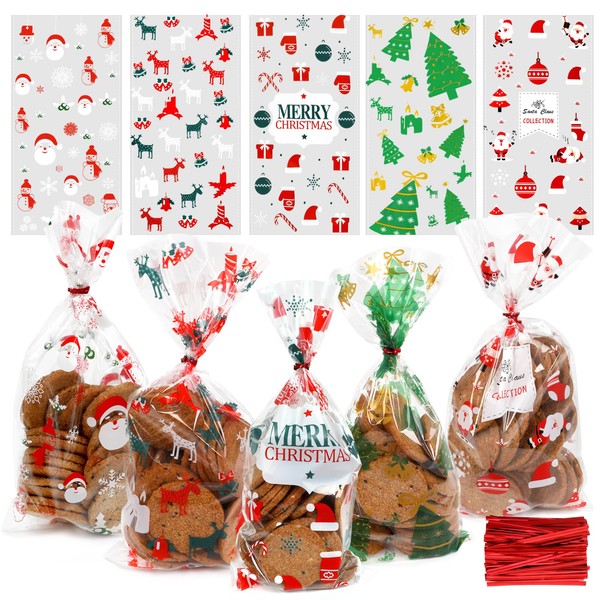 Pack of 120 Cellophane Bags, Christmas Candy Bags, Biscuits, Goody Bags with 120 Twist Ties, Bags for Filling, Cellophane Bags, Small for Cookies, Biscuits, Chocolates (5 Styles)