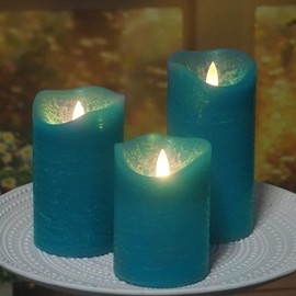 CANDLE CHOICE Battery Operated Flameless Candles with Timer Real Wax Realistic Flickering Electric LED Pillars Automatic Built-in Daily Cycle Timer 6-Hour on 18-Hour Off Set of 3 Rustic Texture Teal