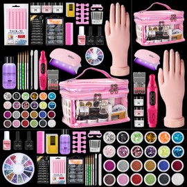 Nail Kit for Beginners with Everything: Professional Nail Acrylic Powder Liquid Set with Practice Hand Drill U V Light in Cosmetic Bag for Women Salon Home (Pink)