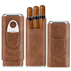 COOL KNIGHT Leather Cigar Case - Cedar Wood Lining Travel Humidors for Cigars - Cigar Accessories Include Stainless Steel Cigar Cutter - Cigar Gift Box for Cigar Lovers (Brown)