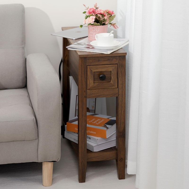 LUSUOWLZ End Table with Movable Top and Charging Station, Narrow