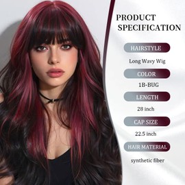 Wepwcod Red highlights black Long Wavy Wig 28 Inch Middle Part Wavy Synthetic Wigs for Women Natural Looking Heat Resistant Fiber Wig for Daily Party Use