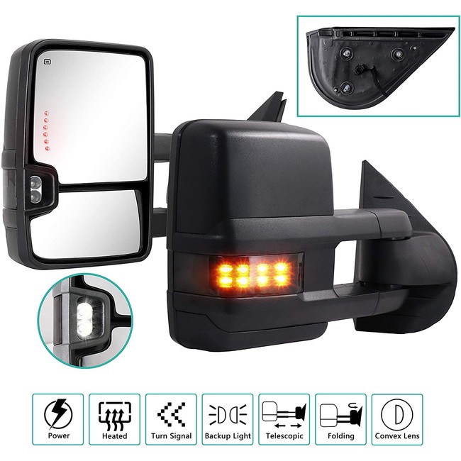 Towing Mirrors for 2007 2008 2009 2010 2011 2012 2013 Chevy Silverado Suburban Tahoe Avalanche GMC Sierra Yukon with Power Glass Turn Signal Light Backup Lamp Heated Extendable Pair