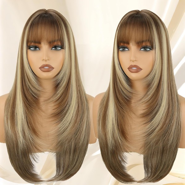 Brown Long Straight Layered Wig with Bangs for Women 26