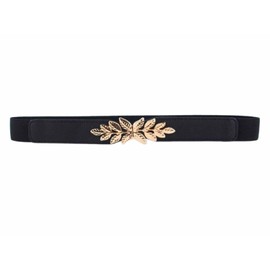 Stretchy Dress Thin Belt Ladies Elastic Waistband Leaf Buckle Skinny Belts, Black