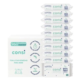 Consi Toallitas Húmedas Bebé, 99.9% Agua, Sin Químicos 960pz