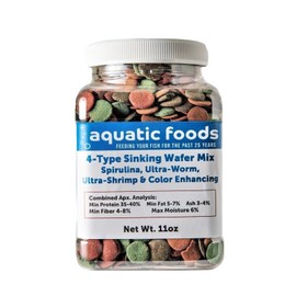 Aquatic Foods Inc. 4-Type 12mm - 1/2" Sinking Wafer Mix of Spirulina-Algae, Ultra-Worm, Ultra-Shrimp, Color Enhancing Wafers for Shrimp, Snails, Crabs, Crayfish, All Tropical Fish..11oz Small Jar