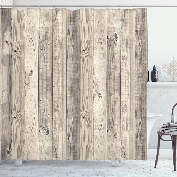 Ambesonne Rustic Shower Curtain, Picture of Smooth Oak Wood Texture in Old Fashion Retro Horizontal Nature Design, Cloth Fabric Bathroom Decor Set with Hooks, 69" W x 84" L, Dark Eggshell