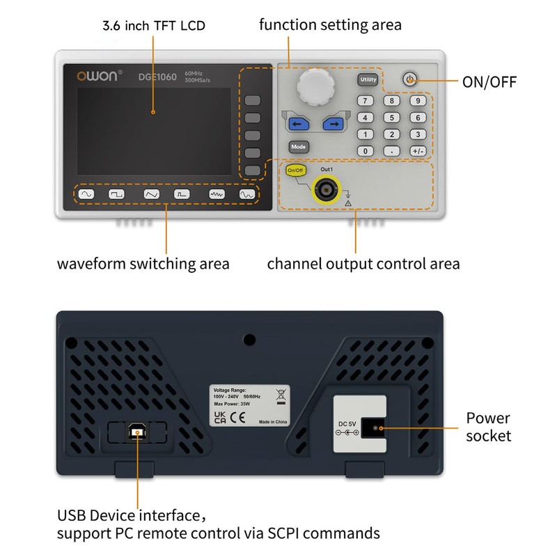 OWON Waveform Generator, 60MHz Bandwidth,300MSa/s Sampling Rate, 14 bits Vertical