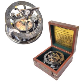Brass Nautical - 5 inches Large Sundial Compass in Rosewood Case Top Grade Calibrated Vintage Gift