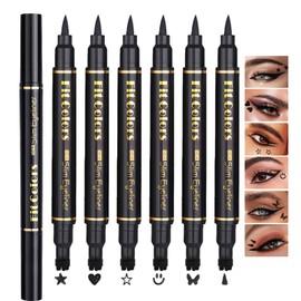 Sitovely Double-headed Liquid Eyeliner Stamp Pencil Set, 6PCS Winged Black Eyeliner Pen for Women, Eyeliner Stencils Long-Lasting Tattoo Makeup-Triangle,Star,Heart,Smiley,Butterfly