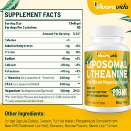 Vivaravida L-Theanine 800mg Supplement with GABA and Magnesium Glycinate - Natural Compound, Sleep and Relaxation (60 Softgels)