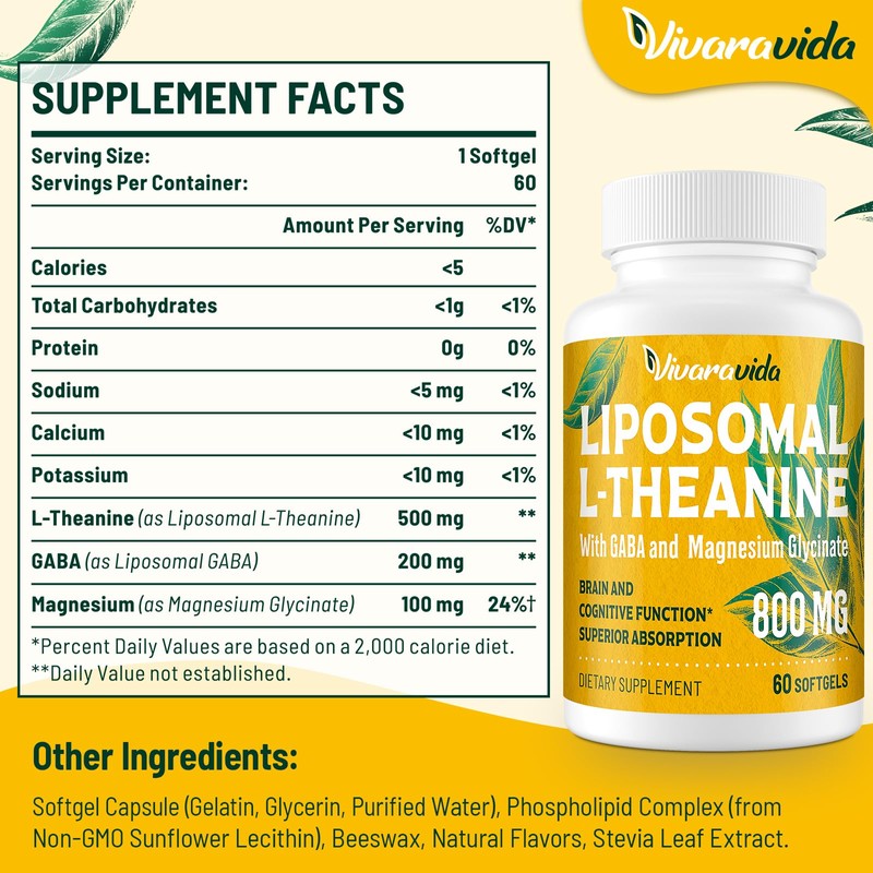 Vivaravida L-Theanine 800mg Supplement with GABA and Magnesium Glycinate -