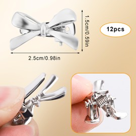 Pack of 12 Hair Clips with Bow for Women, Cute Hair Clips with Bow, Mini Hair Clips with Bow, Metal Clips for Thick, Thin, Straight, Curly Hair (Silver)