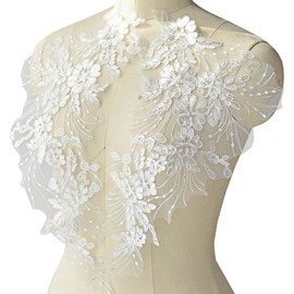Flower Embroidery Sequin Lace Appliques Trim Floral Embroidered Sew on Patches for Wedding Bridal Dress Party Gown Bodice Craft DIY, 1 Pairs (White)