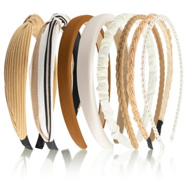 ZOCONE Set of 8 Women's Headbands, Brown Stripes Headbands, Beads, Headband, Braided Wide Headband, Plastic Headband, Various Fashionable Models, Headbands for Women and Girls