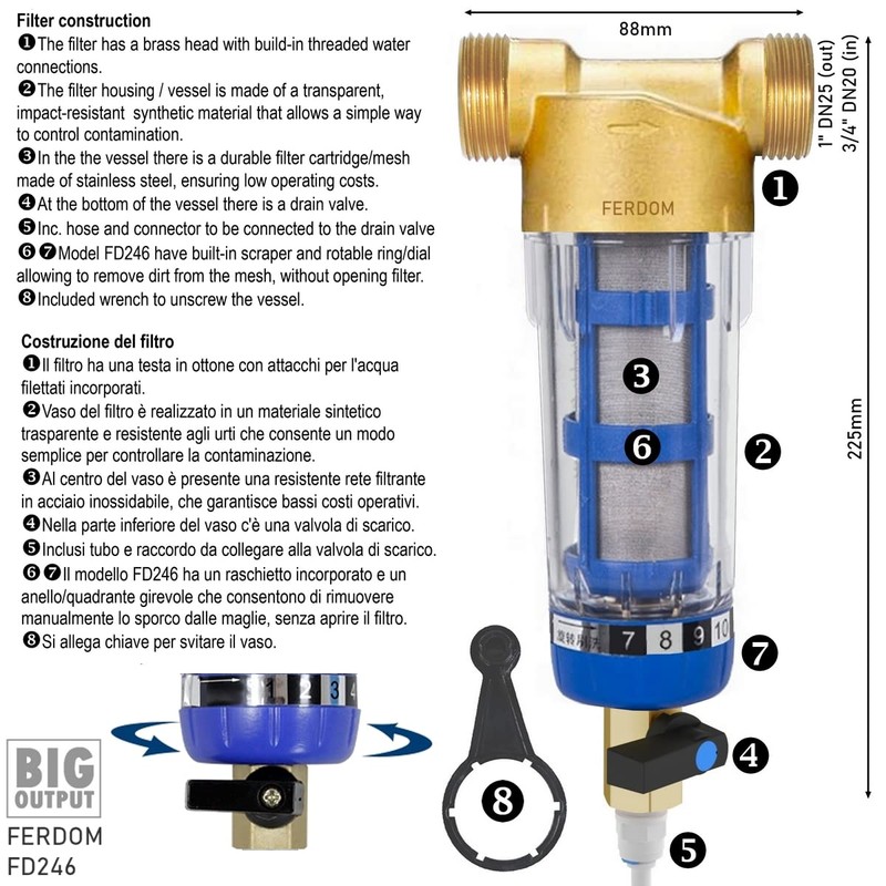 FERDOM FD246 Pre-filter, Spin-Down Sediment. Max. 4 m3/h. Connections 3/4"