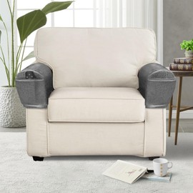 ANARACHON Leather Look Couch Arm Covers Set of 2 Armrest Covers for Sofa Chair Arm Protectors Stretch Armchair Slipcovers with Pockets Washable Spandex Fabric (Large, Light Grey)