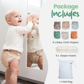 Oopsy Lucy Cloth Diapers 6 Pack with 6 Inserts & Wet Bag – Reusable, Adjustable Fit for Babies & Toddlers – One Size Diapers That Grow with Your Baby – Machine Washable & Eco-Friendly