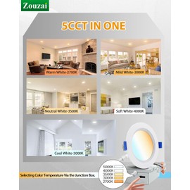 zouzai 24 Pack Ultra-Thin LED Recessed Ceiling Light with Junction Box 5CCT Adjustable Dimmable Can-Killer Downlight - ETL and Energy Star Certified (Baffle, 4 inch)