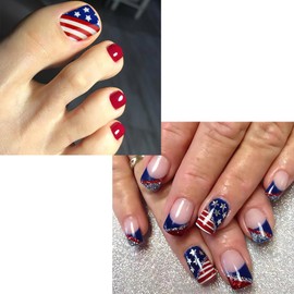 ROFIBUT 48Pcs 4th of July Press on Nails Short Square Fake Nails Glossy Glitter Red Blue French False Nails Reusable Independence Day Toe Nails with Flag Design Kit Acrylic Nails for Women (2 Pack)