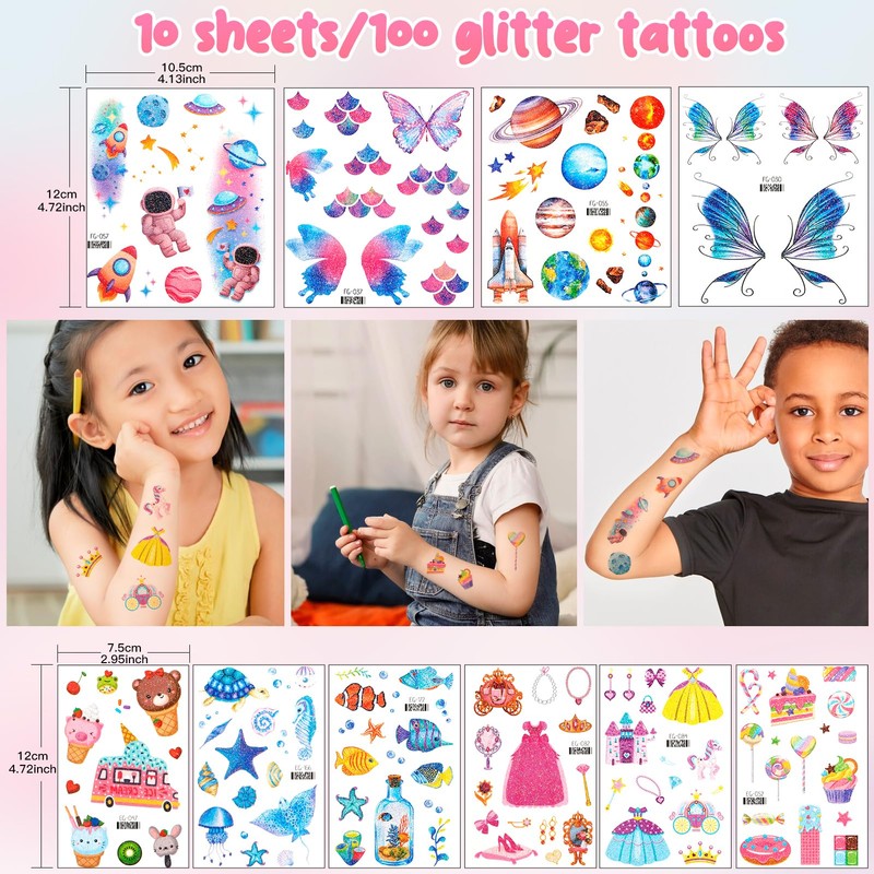 Dawnglow Skin-friendly children's tattoos, 10 sheets of glitter tattoos, cartoon