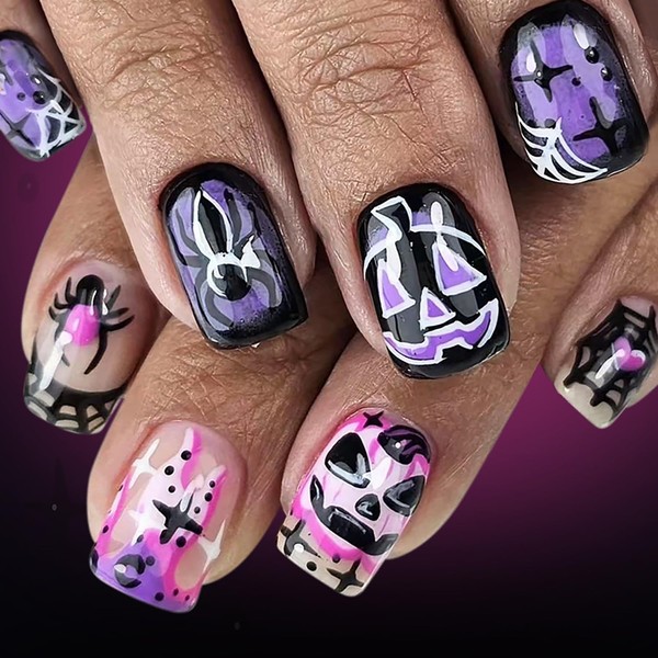 Halloween Press on Nails Short Square Pumpkin Spider False Nail