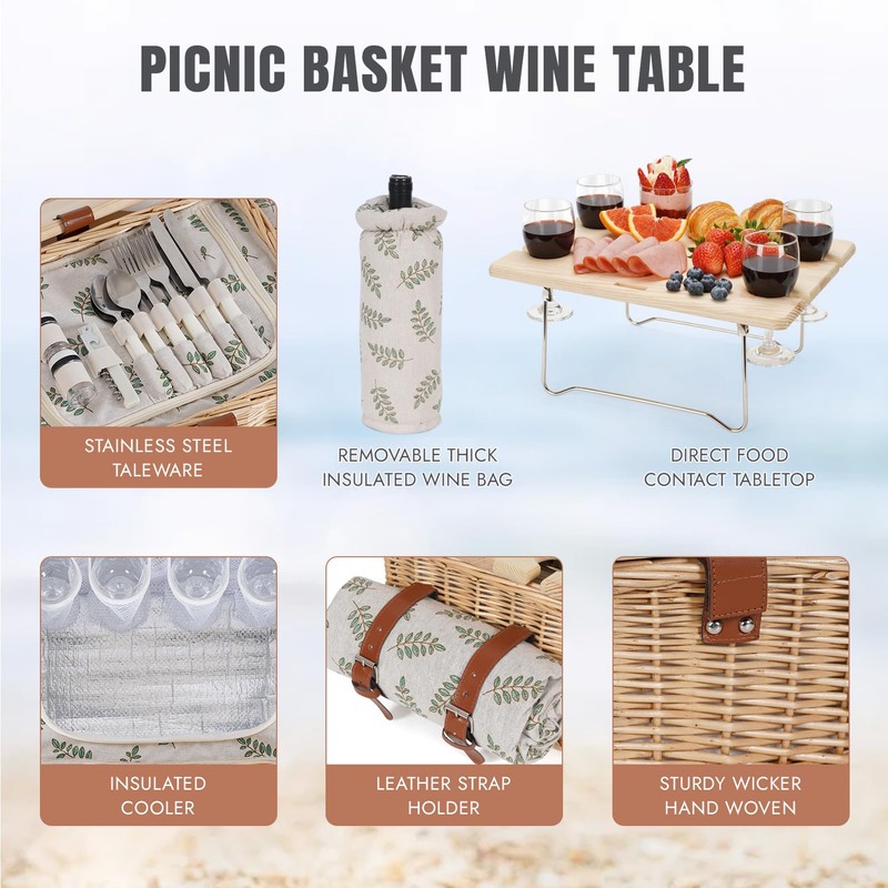 HappyPicnic Picnic Basket for 4, Handmade Wicker Picnic Set with