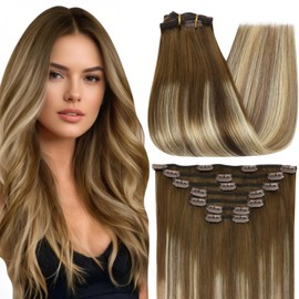 Full Shine 24 Inch Real Hair Extensions Clip in Human Hair for Long Hair Brown Roots Honey Blonde Remy Clip in Hair Extensions Double Weft Invisible Straight 7 Pcs 120g