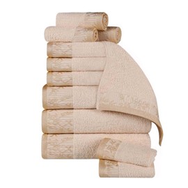 Superior 12 Piece Cotton Towel Set, Floral Jacquard Dobby Border, Quick Dry, Decorative Bathroom, Spa, Shower, Bath, Includes 3 Body, 3 Hand, 6 Face Towels/Washcloth, Wisteria Collection, Ivory