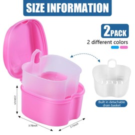 KISEER 2 Pack Colors Denture Bath Case Cup Box Holder Storage Soak Container with Strainer Basket for Travel Cleaning (Light Blue and Pink)