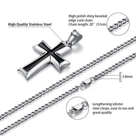 Reve Stainless Steel Black & Silver Cross Pendant Necklace for Men Women, 20-24 Inches Curb Chain (Black: 20'' Curb Chain)